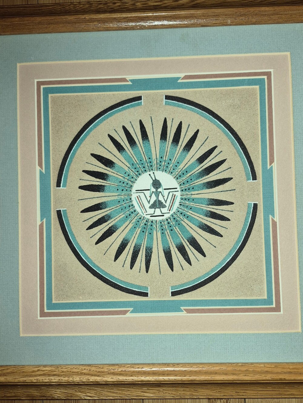 Vintage Navajo-style sand painting, geometric design, "Pollen Boy on the Sun"
